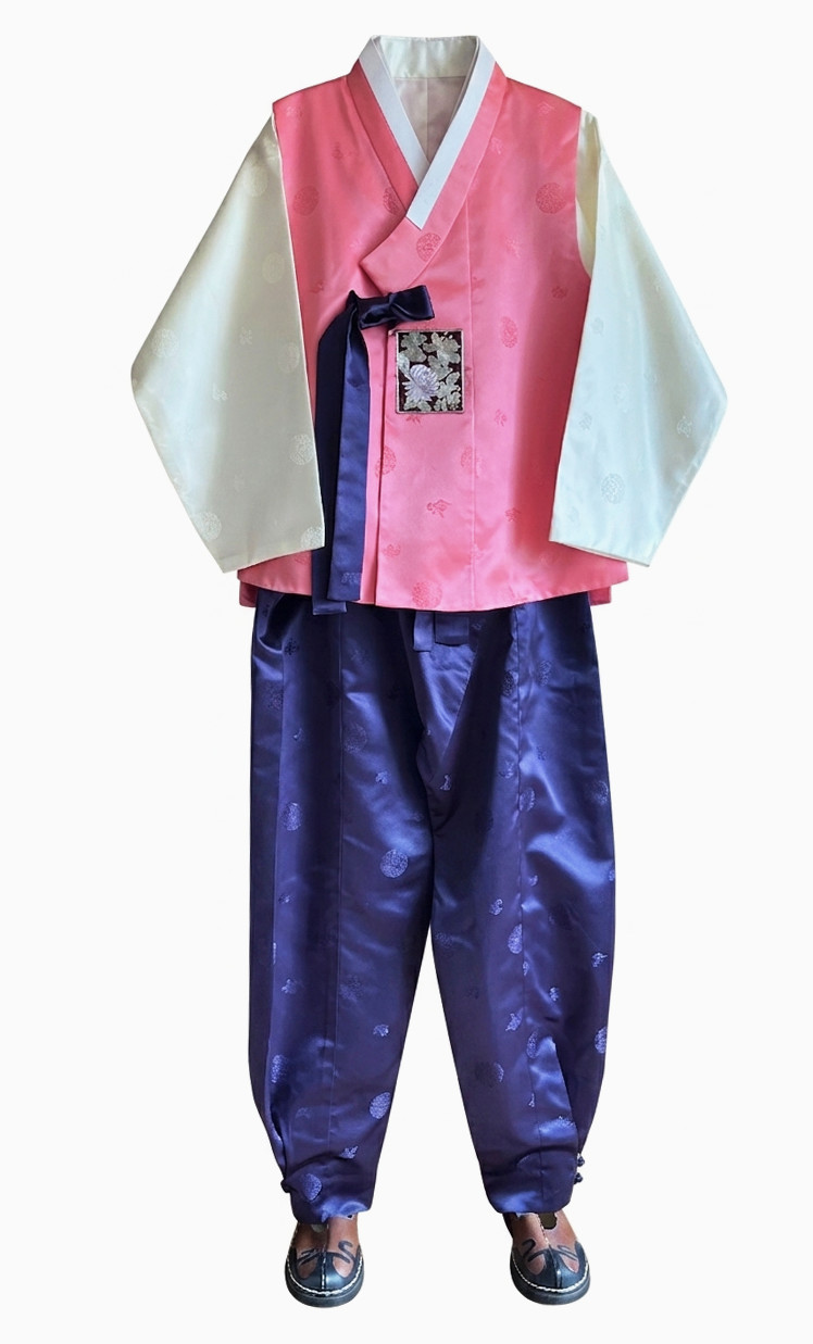 Men’s Korean Traditional Silk Hanbok Set-Coral Vest/Ivory Top /Deep Purple Pants