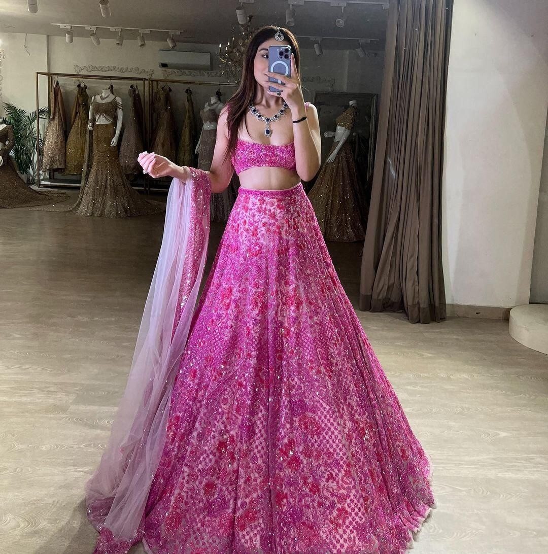 Premium Pink Butterfly Soft Net Lehenga Choli With Dupatta For Wedding