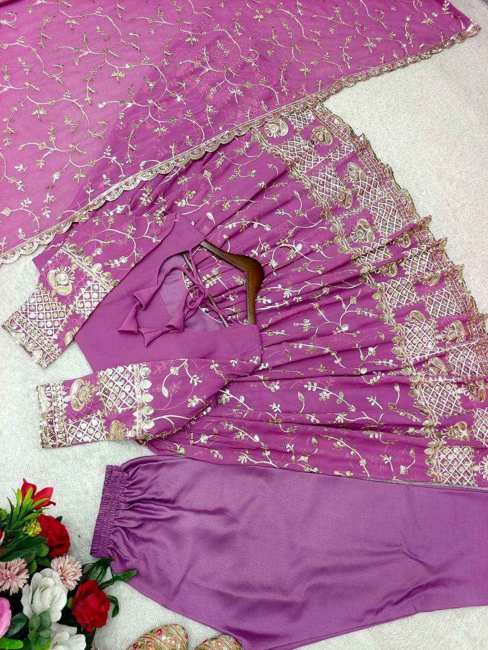 Indian Designer Faux Georgette Lilac Gown Bottom With Dupatta For Women Wear