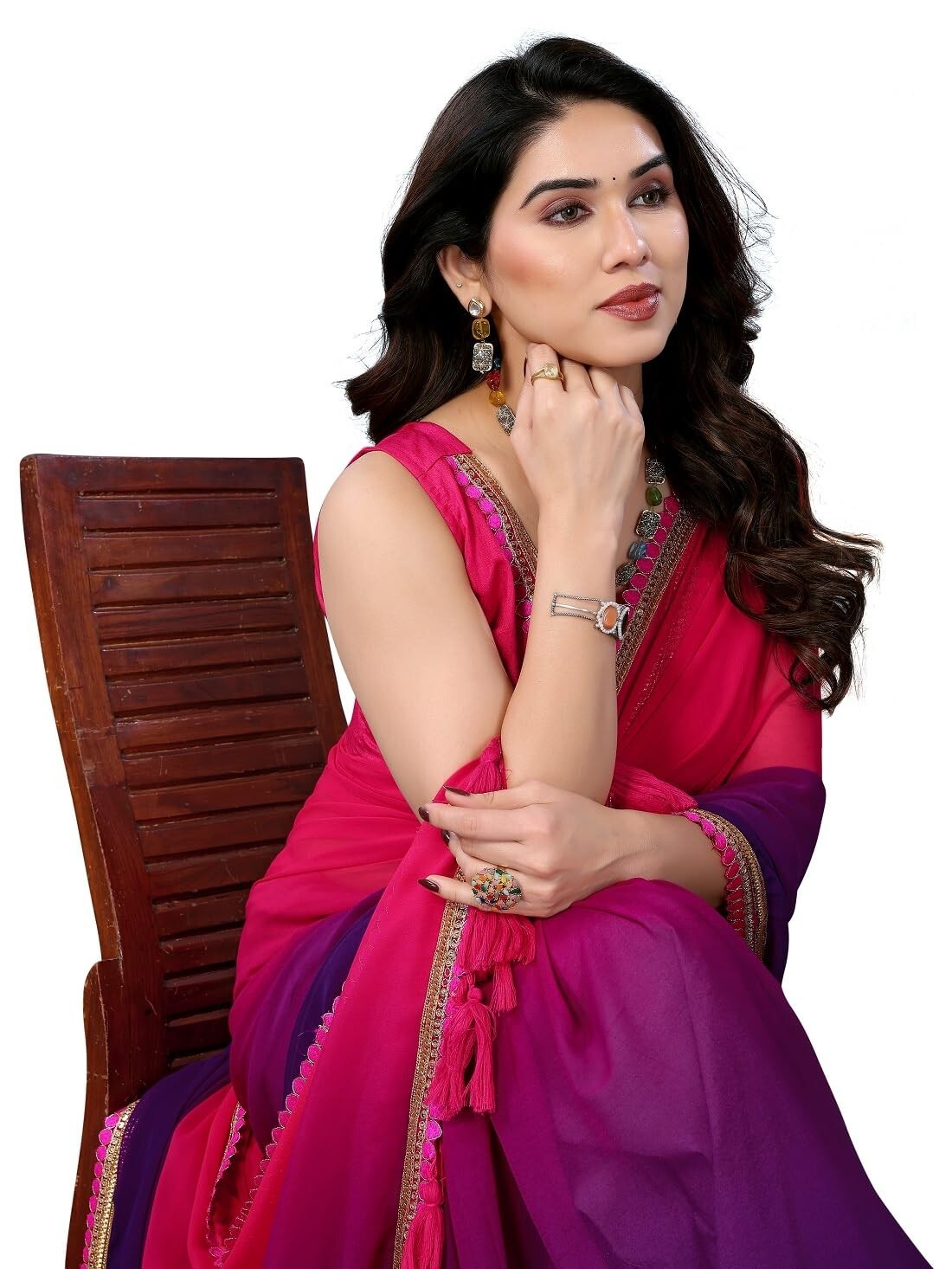 Women’s Fancy Desian Georgette Saree FOr Women With Latkan Tassels Lace Border