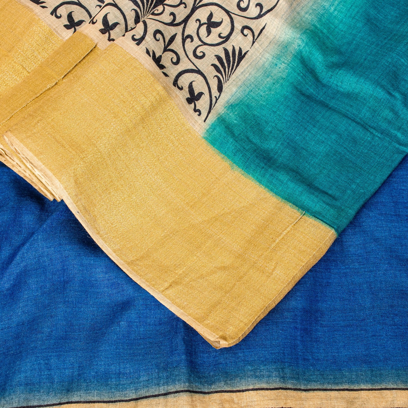 Sanskriti Vintage Blue-Ivory Pure Woolen Sarees Fabric Hand Block Print 5.5Ysari