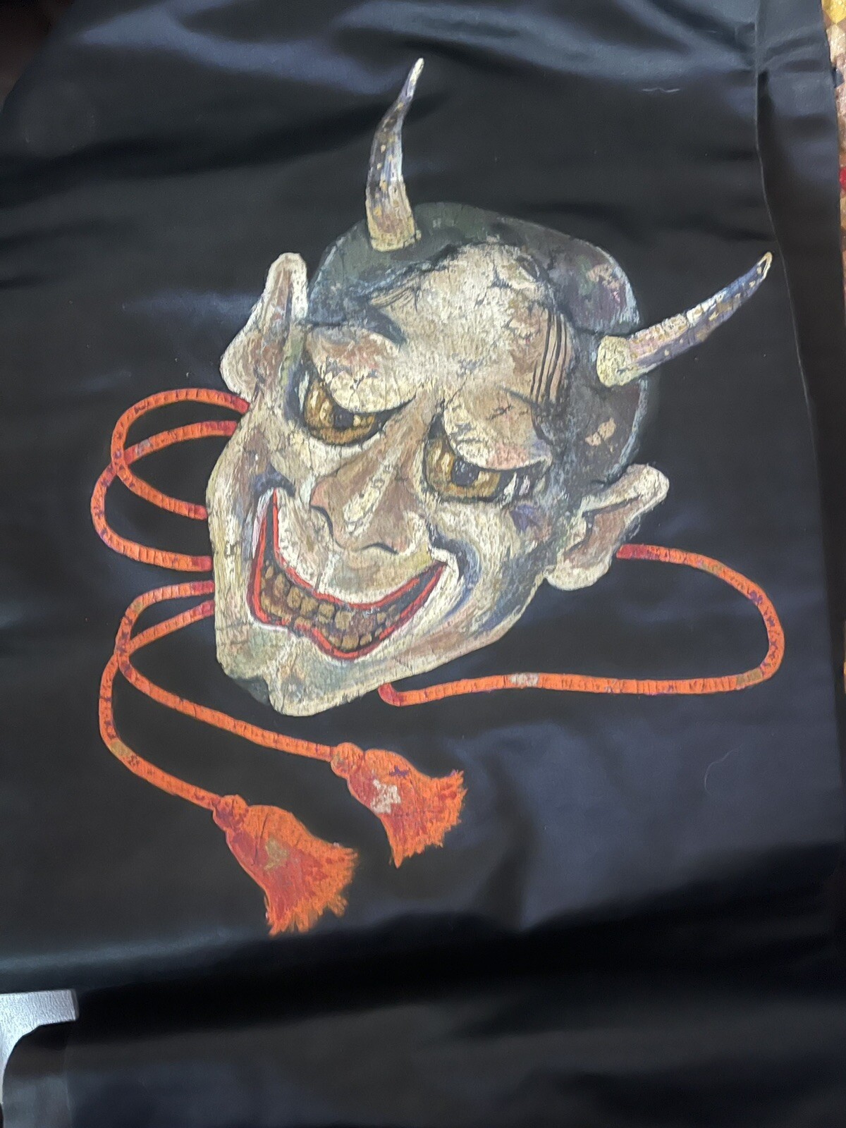 Vintage SIGNED Black OBI Sash w/ HANNYA MASKS 12” by 12’