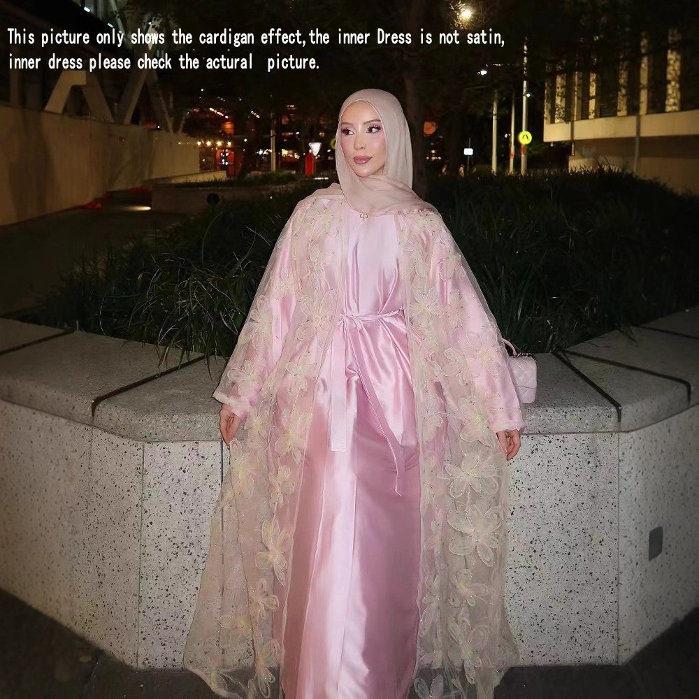 Islamic Women Long Inner Dress Open Kaftan Cardigan Kimono Formal Party 2Pcs Set