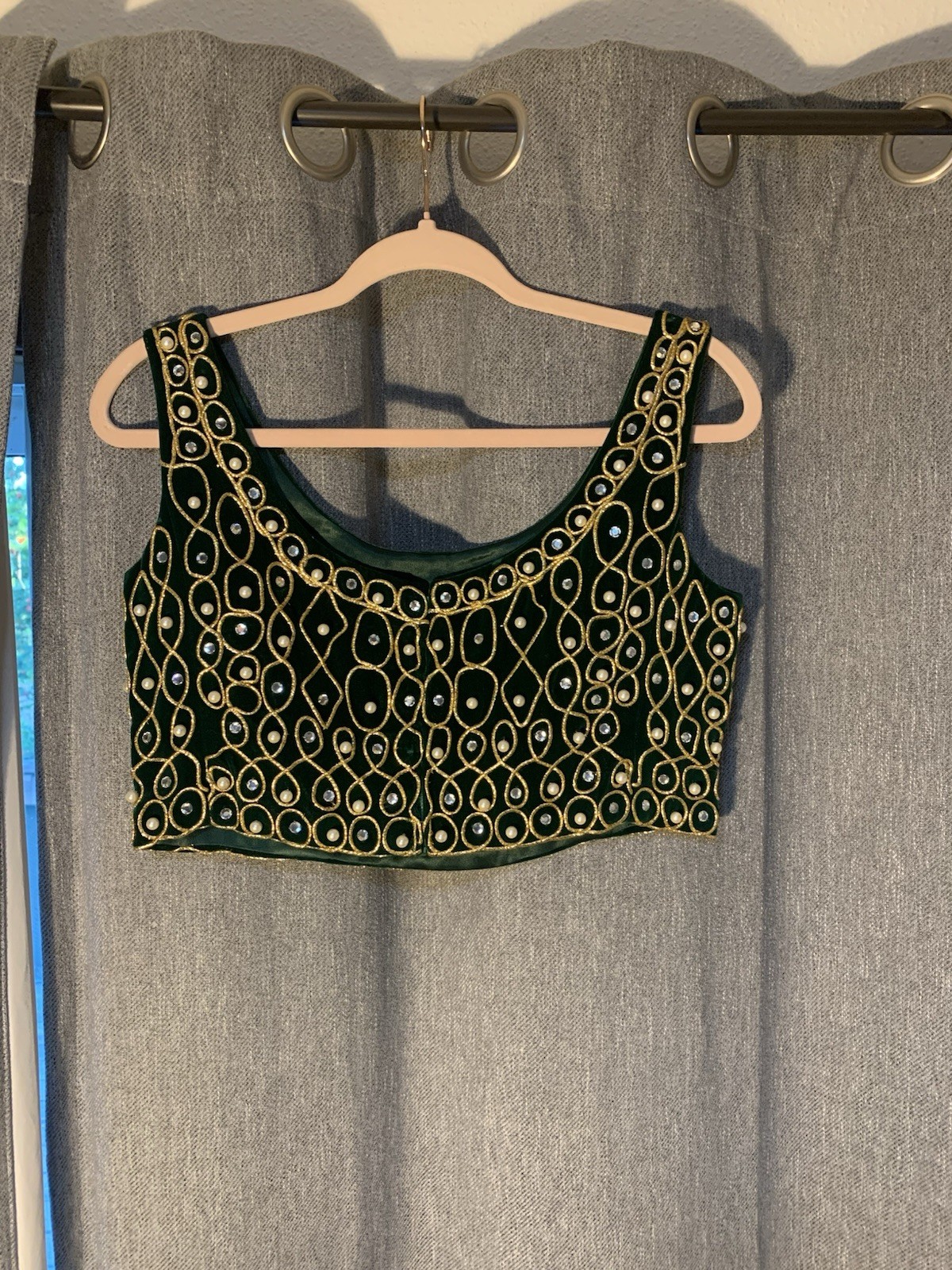 Vintage Women’s Size S Green Velvet Choli Blouse Gold Embroidery Pearls
