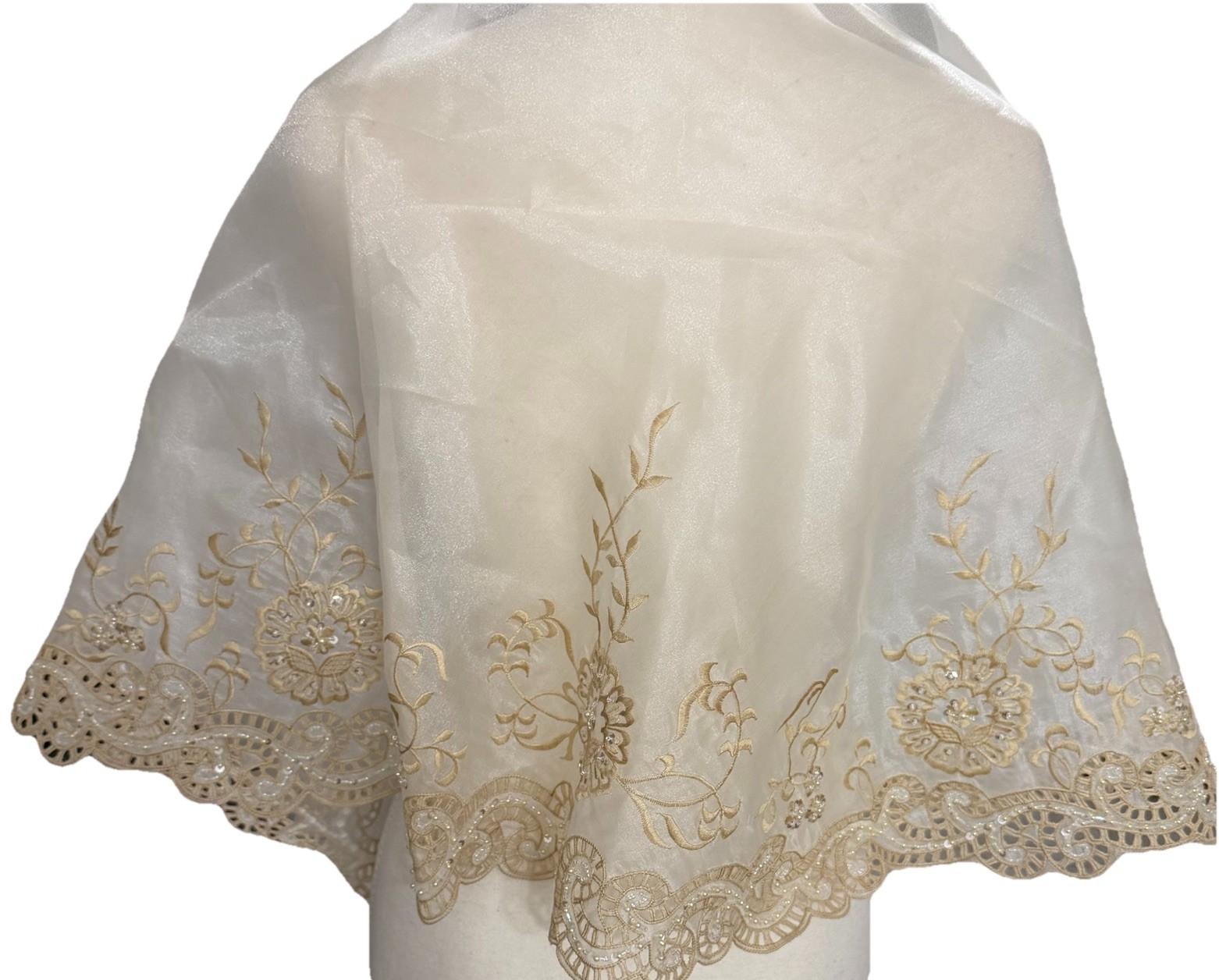 NEW Handmade Filipina Sheer Shawl Embroidered Beige Floral Lace Trim Cultural