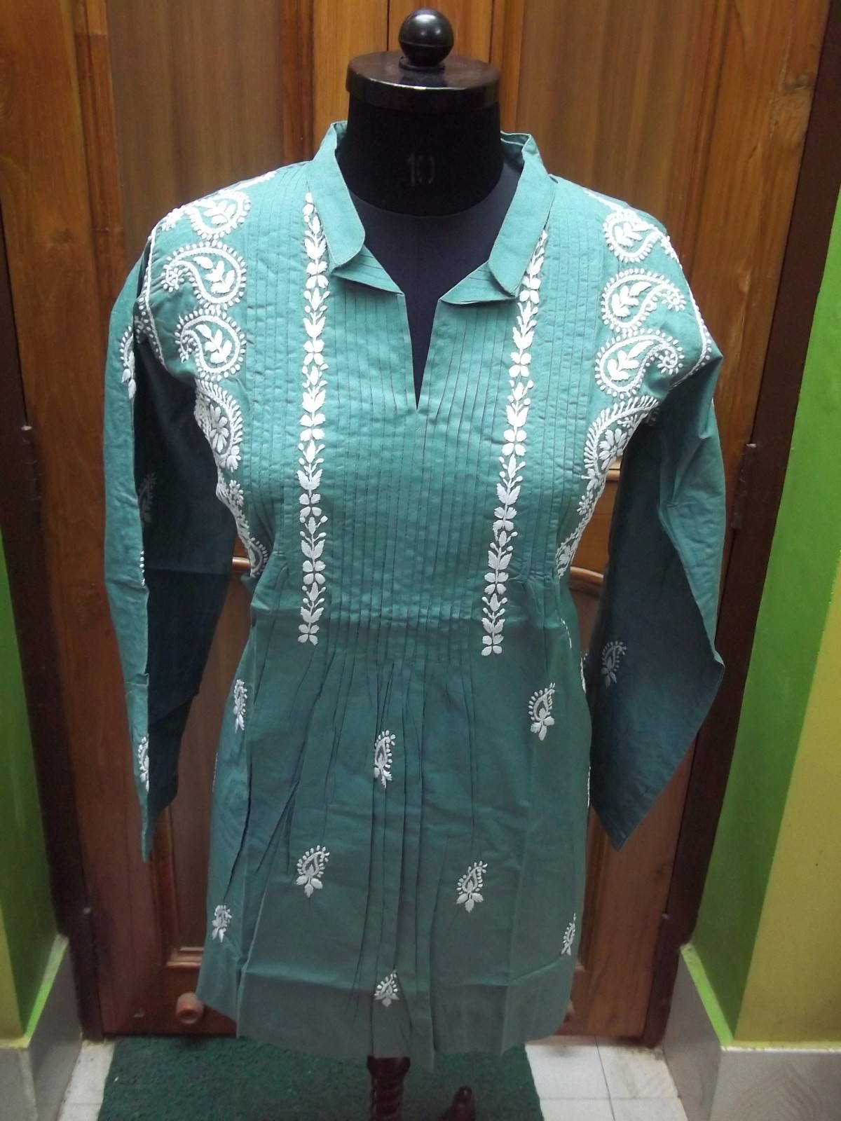 2XS 34 100% COTTON CHIKAN TUNIC ETHNIC BLOUSE EMBROIDERY KURTA HANDMADE TOP