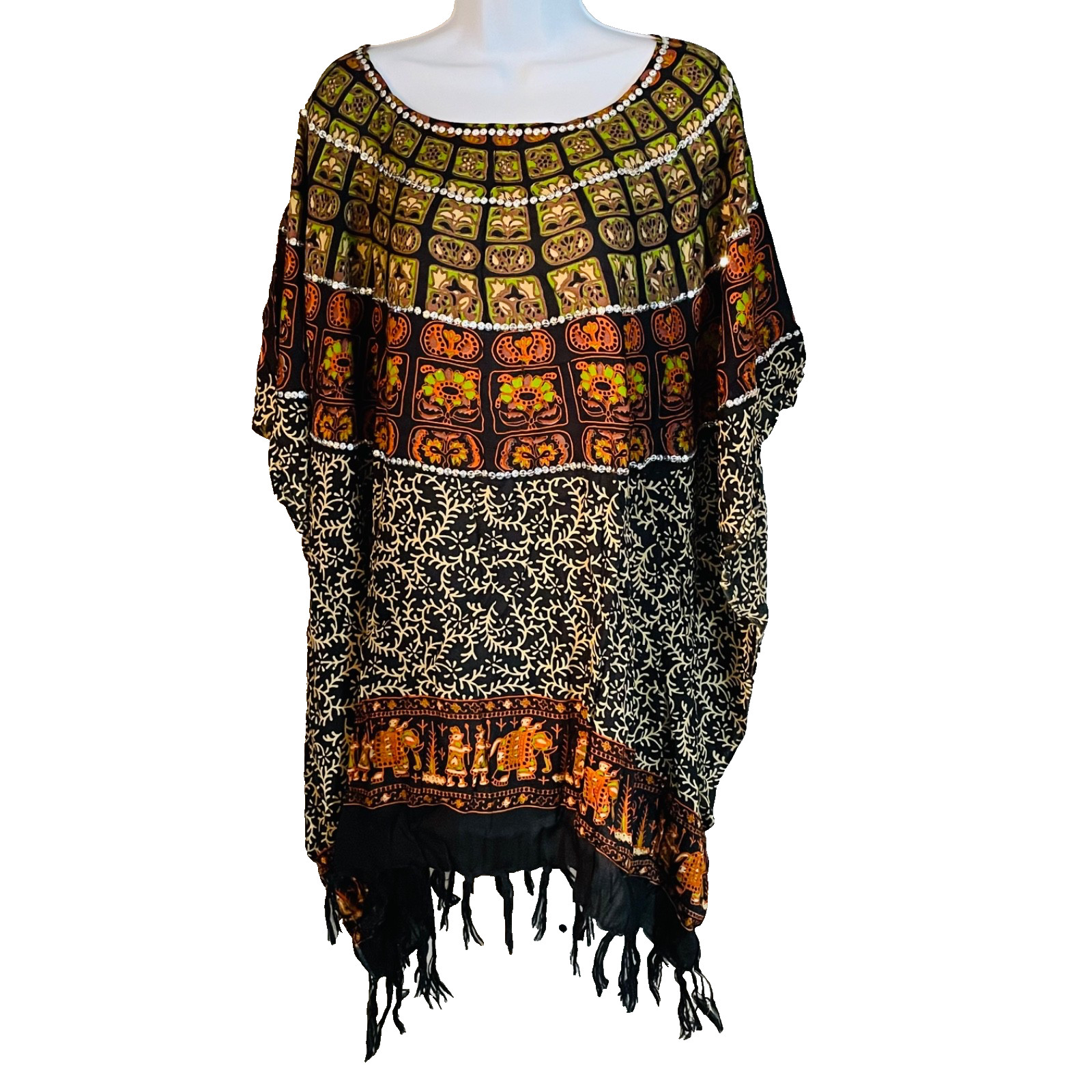 Ladies Sequined Kaftan Poncho Tunic Black Red Tan Large Plus Size Beach New