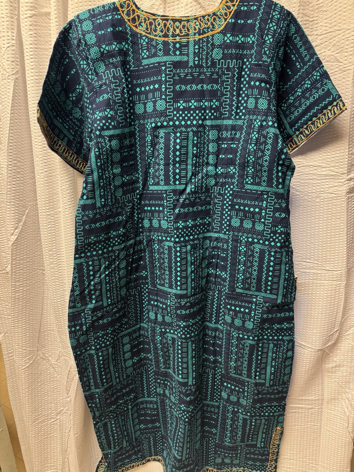 African Dashiki Style Tunic Dress Teal Blue Gold Embroidery Long Kaftan New L/XL