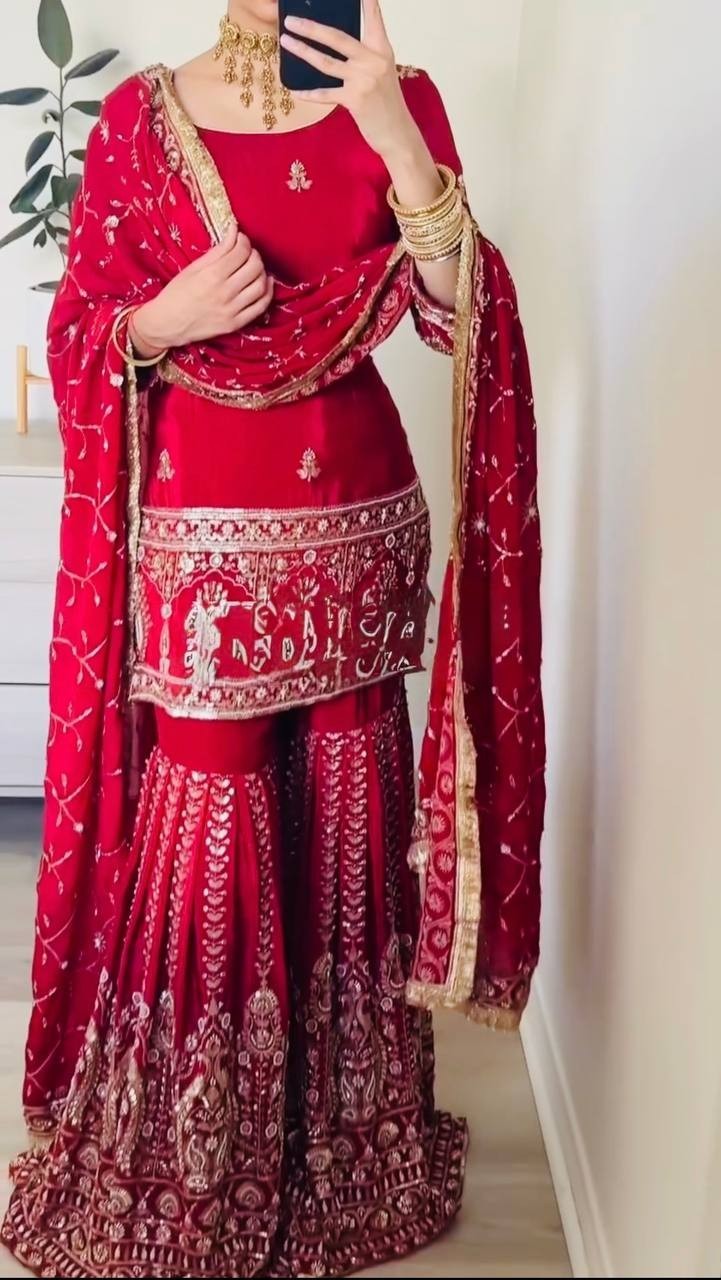 Designer Red Chinnon Silk Kurta Palazzo With Dupatta For Wedding Wear