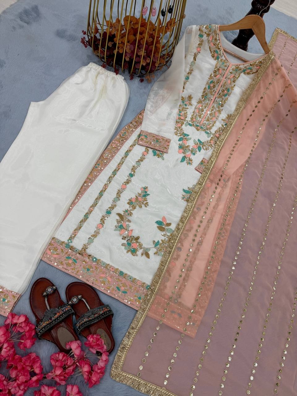 Presenting Pure Silk White Top Palazzo With Peach Dupatta For Ethnic Wear