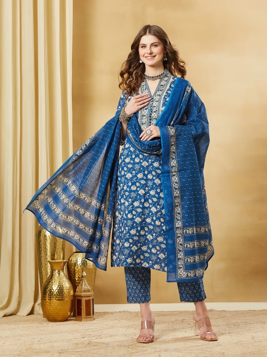 Blue A-Line Cotton Kurta Pant Set with Dupatta Plus Size & Regular | Ethnic Kurt