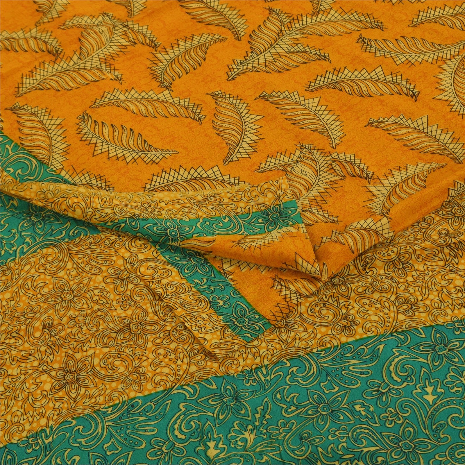 Sanskriti Vintage Sarees Yellow Pure Crepe Silk Printed Sari 5+Yd Craft Fabric