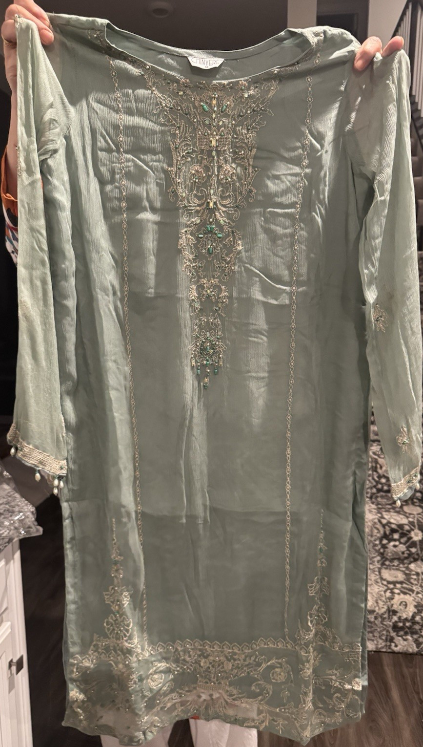 Chinyere Women’s Kurtas/Kurti M Green Embroidered Silk Blend Chiffon Kurta