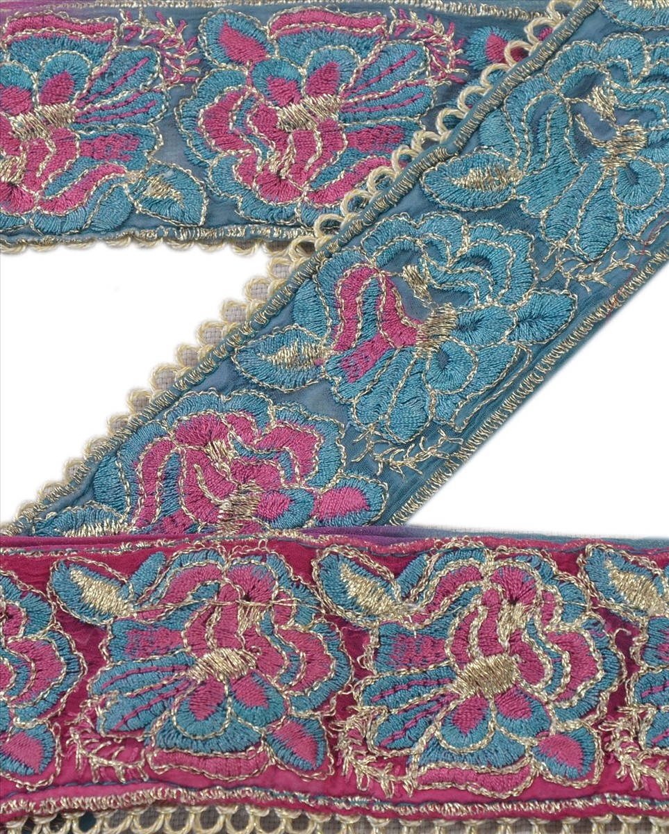Sanskriti Vintage Sari Border Embroidered 1 Yd Trims Lace 2 W Blue & Pink Ribbon
