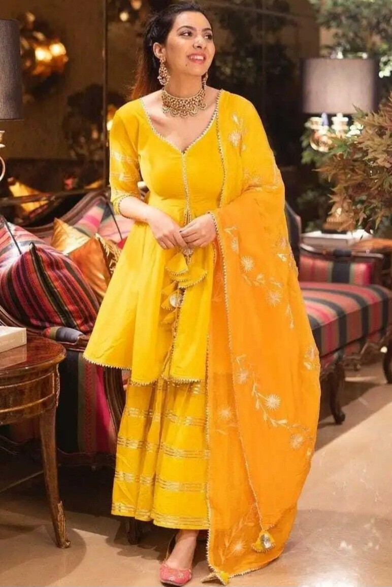 L 40 Readymade stitched Cotton bollywood Sharara Kameez Dupatta Suit Set Yellow