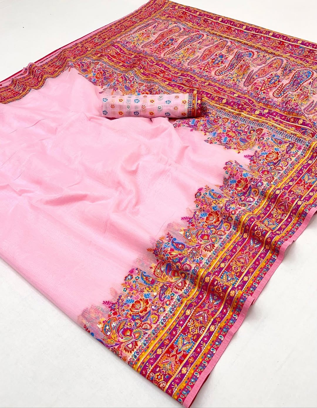 royal pure weightless cotton pashmina weaving saree with unstitched blouse .