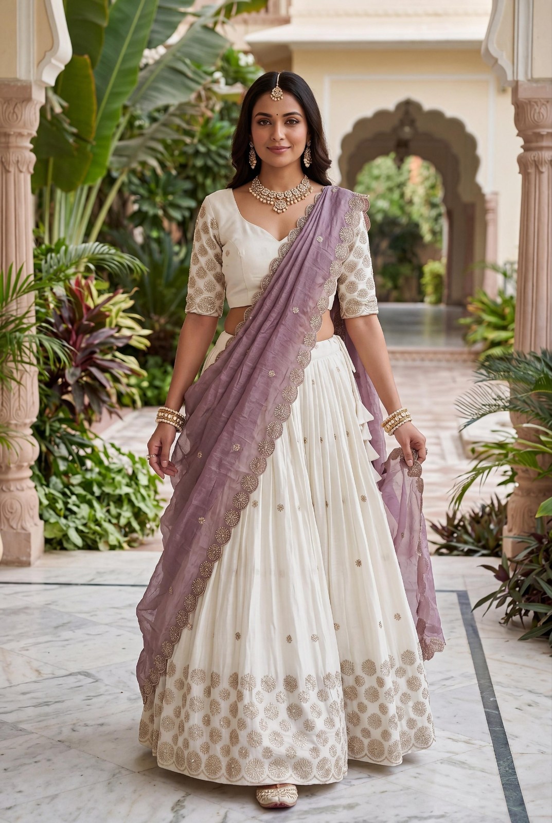 Women Readymade White Lehenga Choli Sequence Embroidery Work Purple Dupatta Set