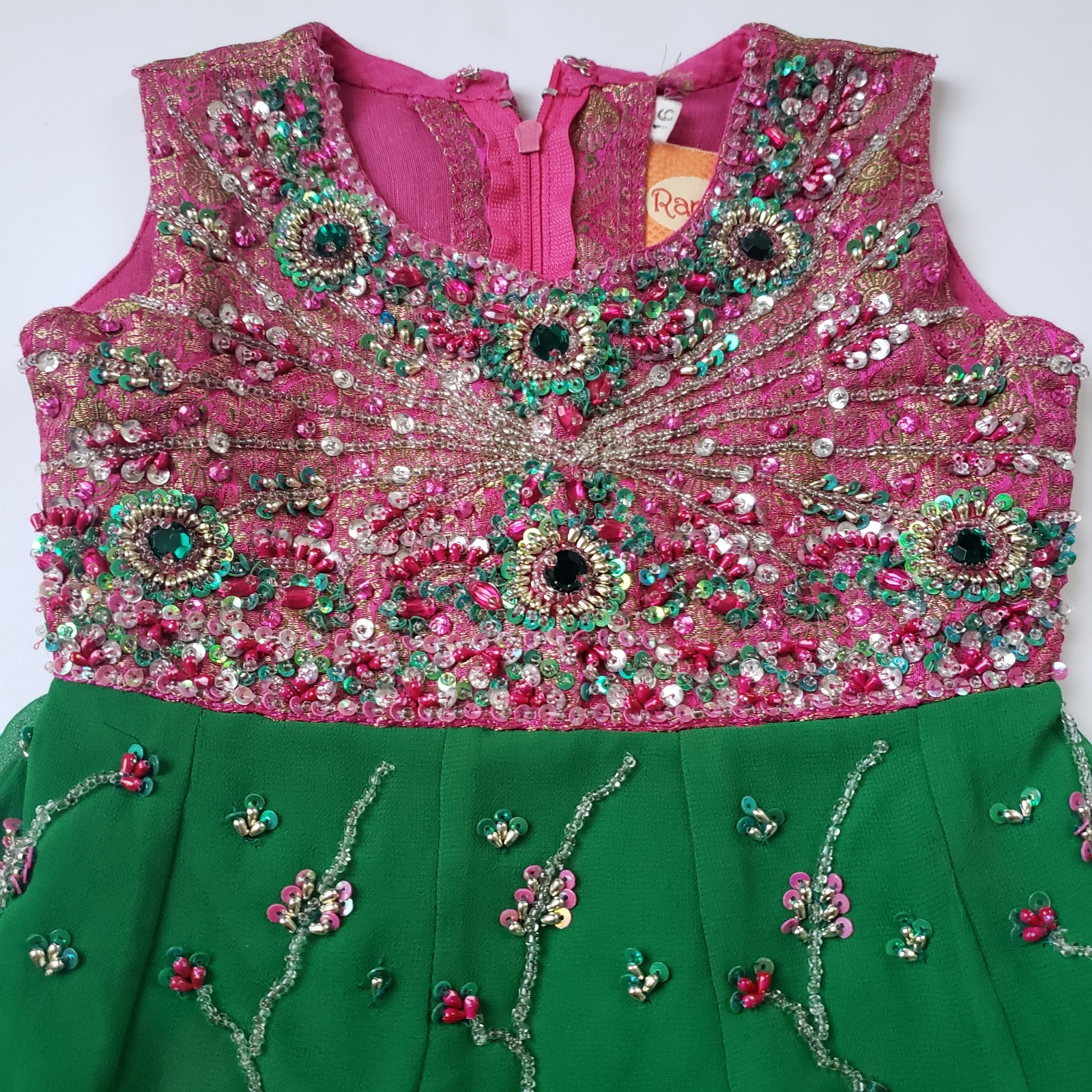 Ranee Girls Indian Chiffon Dress Pink & Green Beaded Sleeveless 20” Length