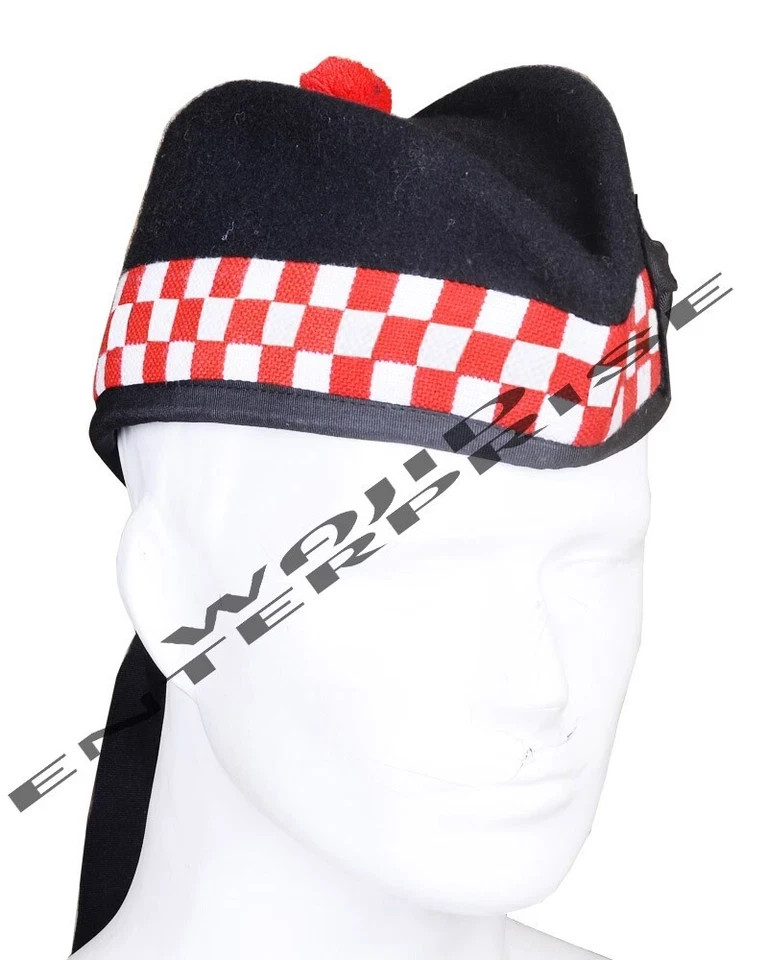 SCOTTISH Military Piper Kilt GLENGARRYS Red White Diced Cap 100% Wool Scott Cap