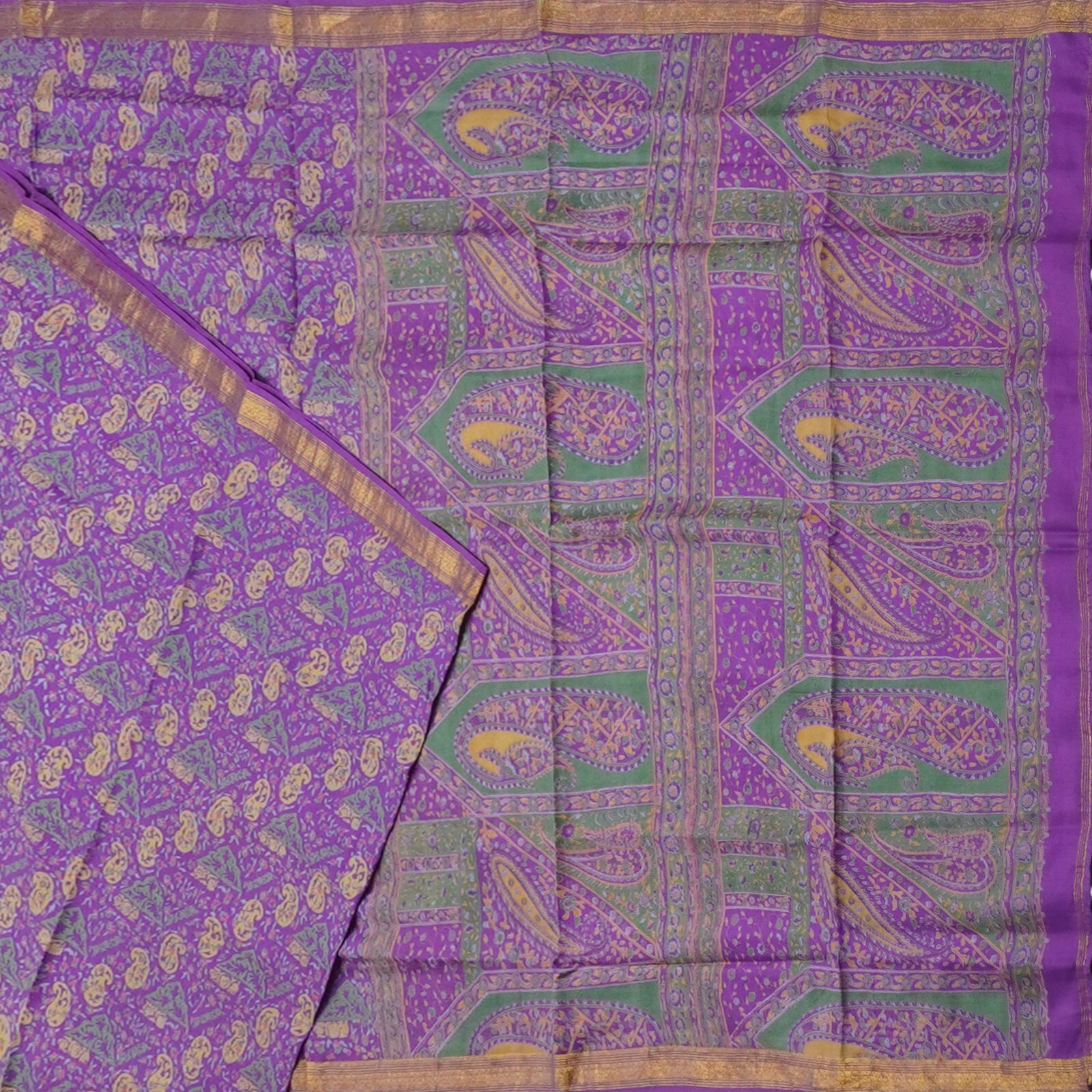 Vintage Purple Sarees 100% Pure Silk Printed Zari Border Sari 6YD Craft Fabric