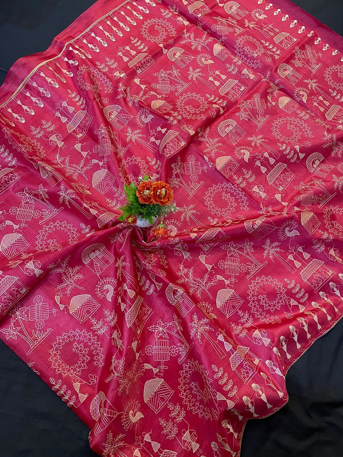 New FabIndia Style Handloom art embroidery all Tussar Pure Silk Saree sari