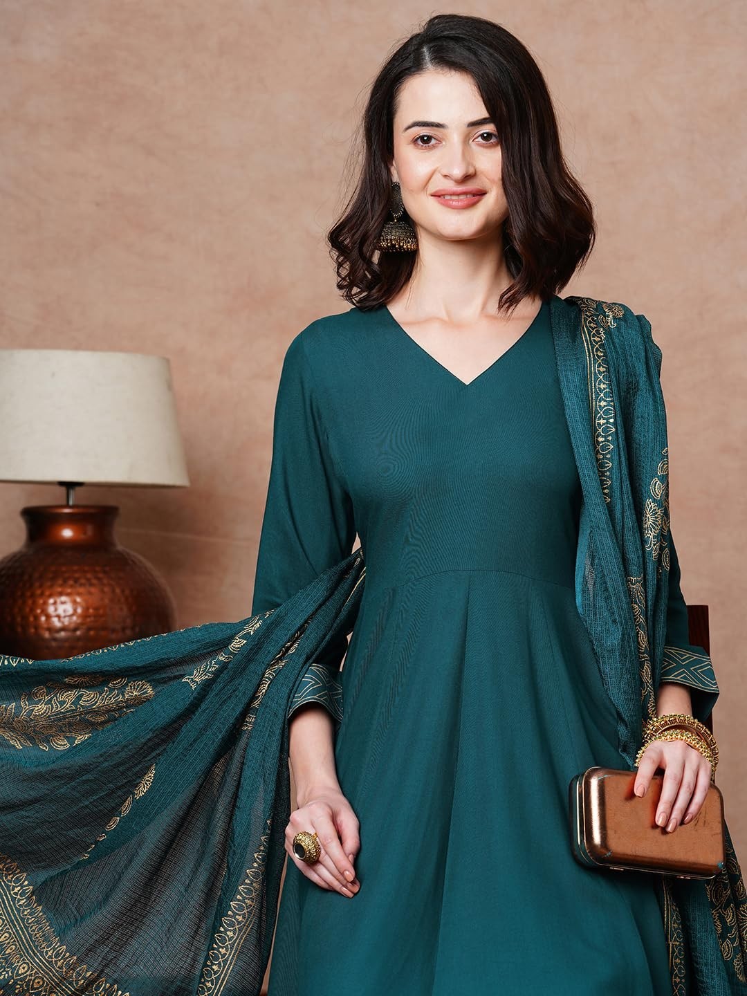 Women’s Rayon Blend Solid Anarkali Kurta with Pant & Dupatta