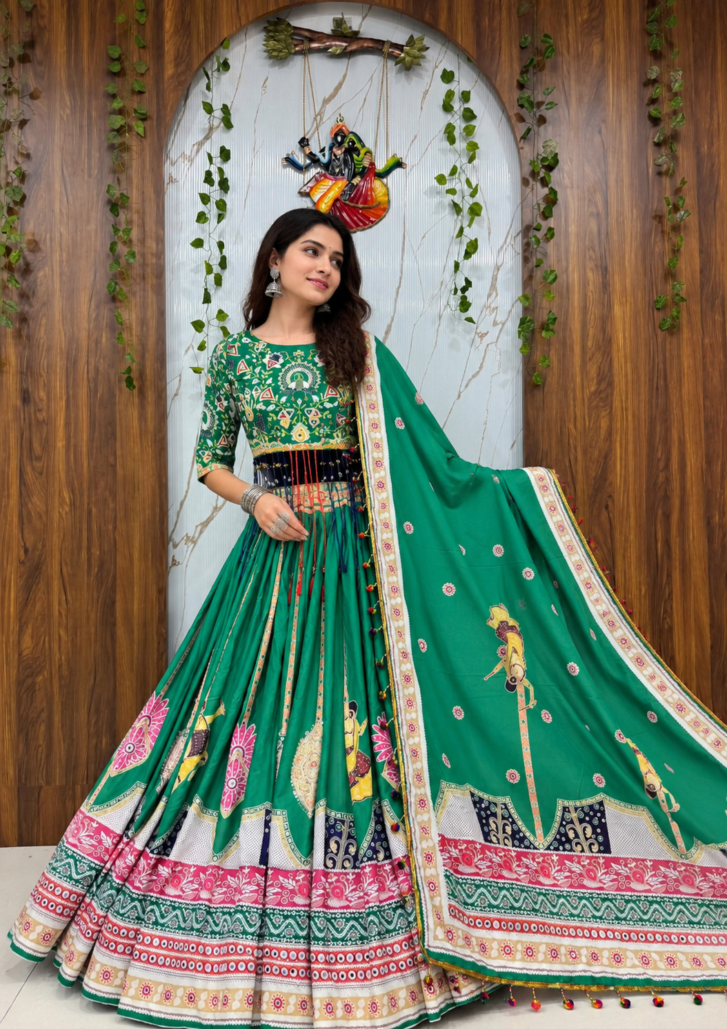 Green Indian Heavy Muslin Cotton Lehenga Choli Blouse Piece Dupatta Set