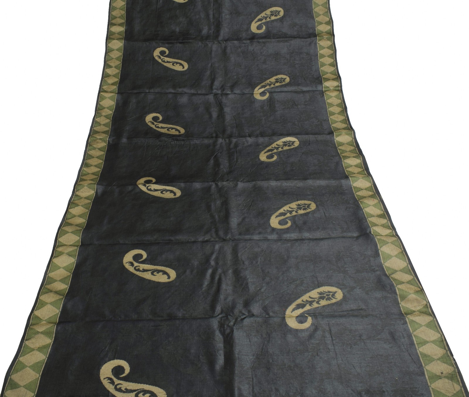 Sushila Vintage Black Saree with Green Border Pure Tussar Silk Woven Sari Fabric