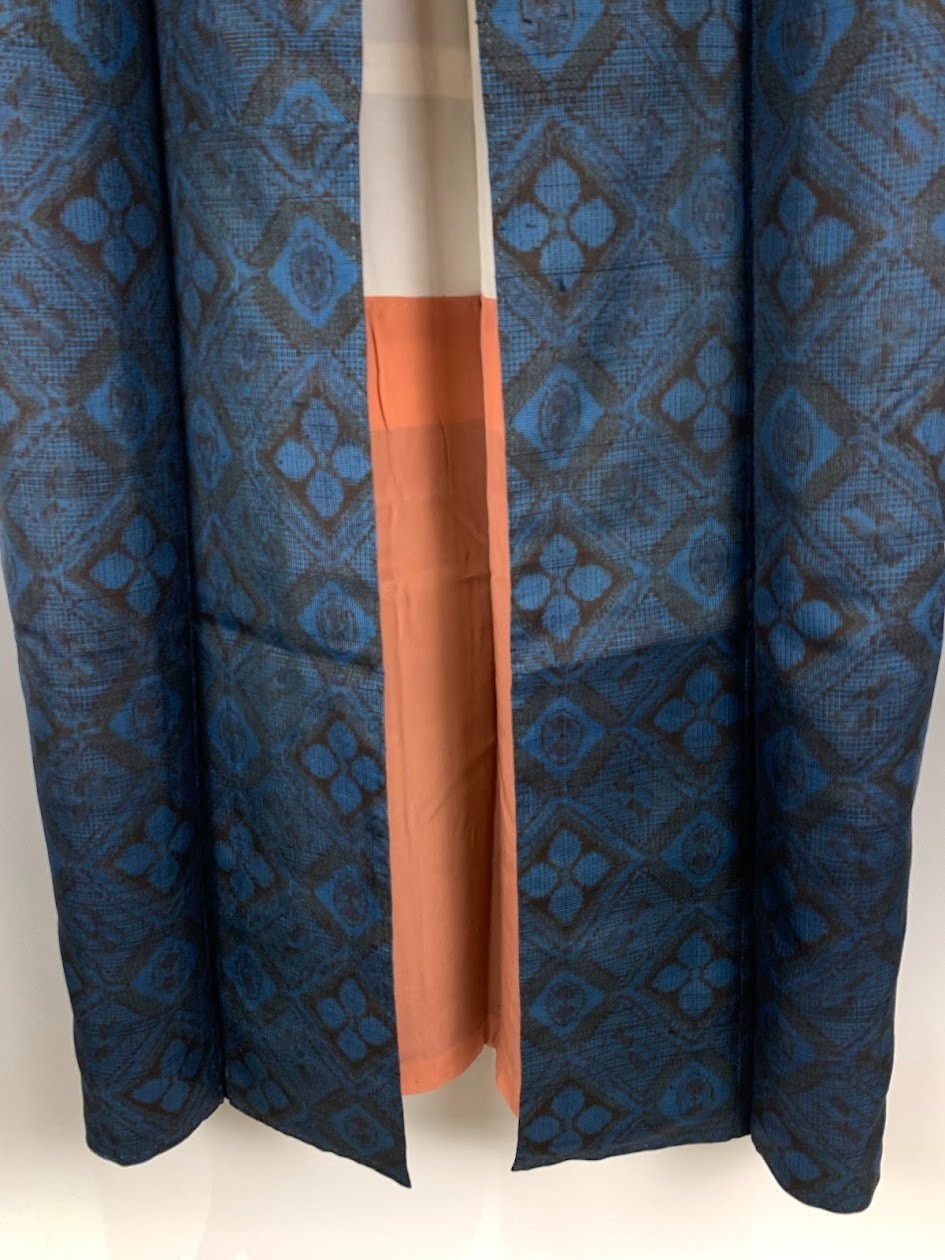 Unused Silk Tsumugi Kimono Floral Geometric Blue Black Japanese Robe Duster Coat
