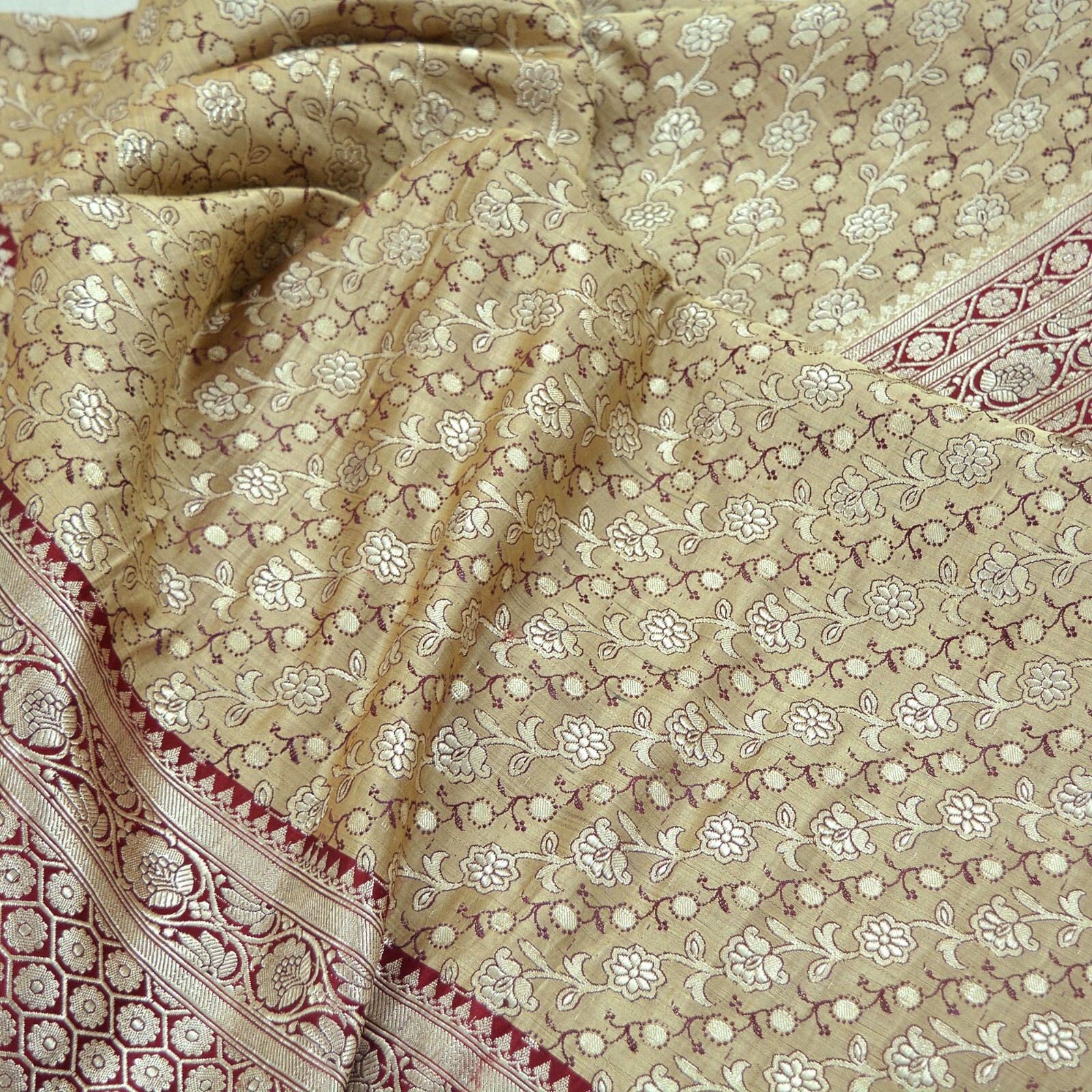 Vintage Beige & Red Heavy Saree Pure Satin Silk Woven Brocade Banarasi Sari 5yd