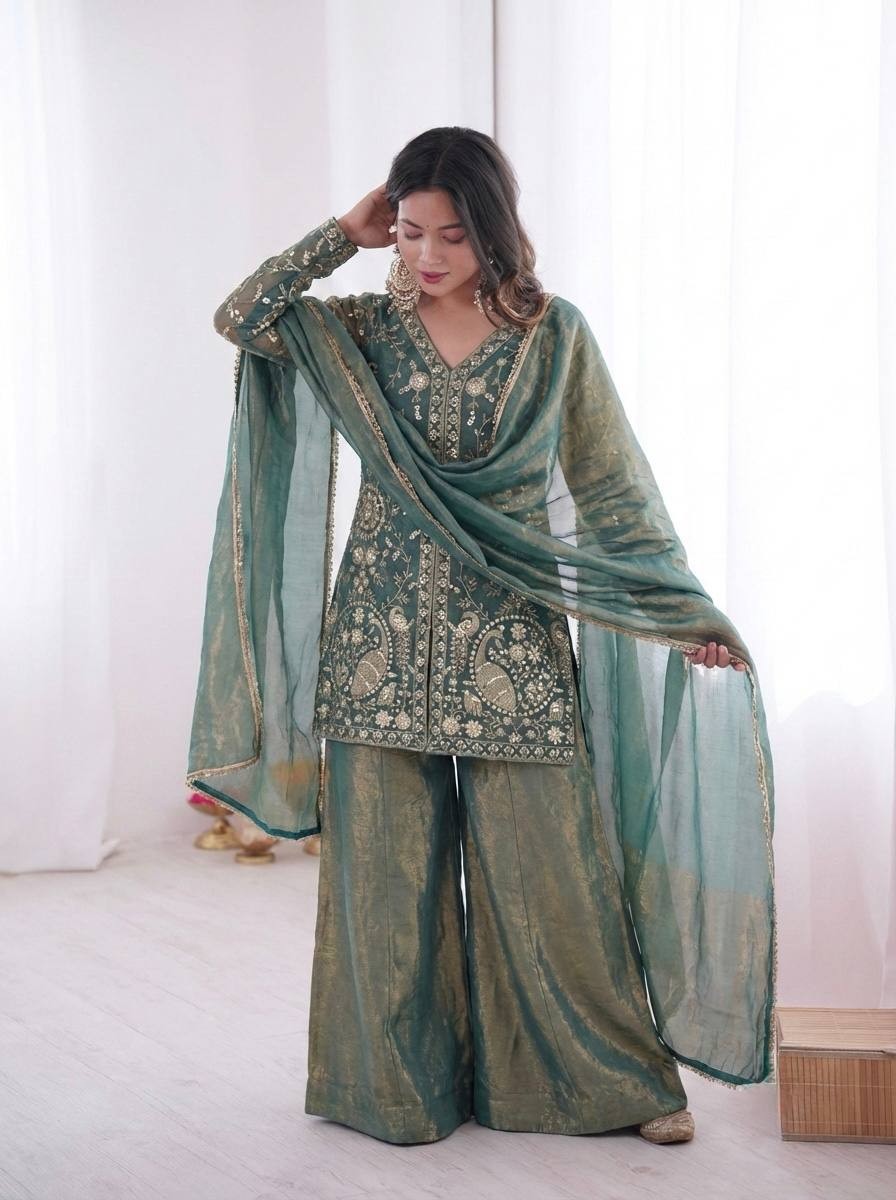 Beautiful Pure Silk Powder Blue Top Palazzo With Dupatta For Festival Wear