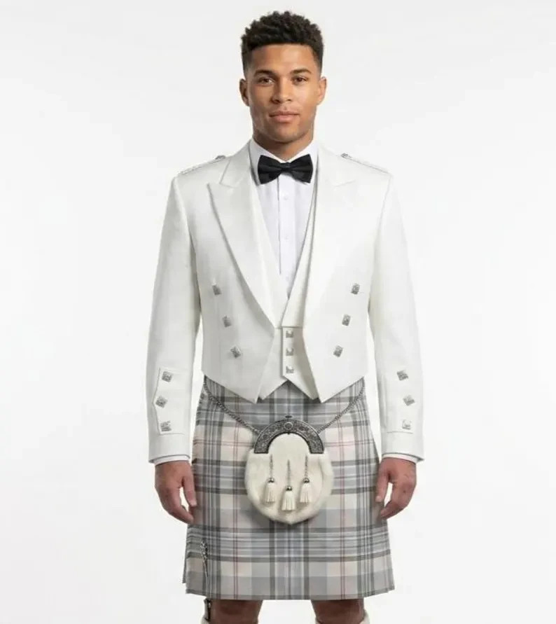 Men’s Scottish White Tweed Wool Prince Charlie Jacket & Waistcoat