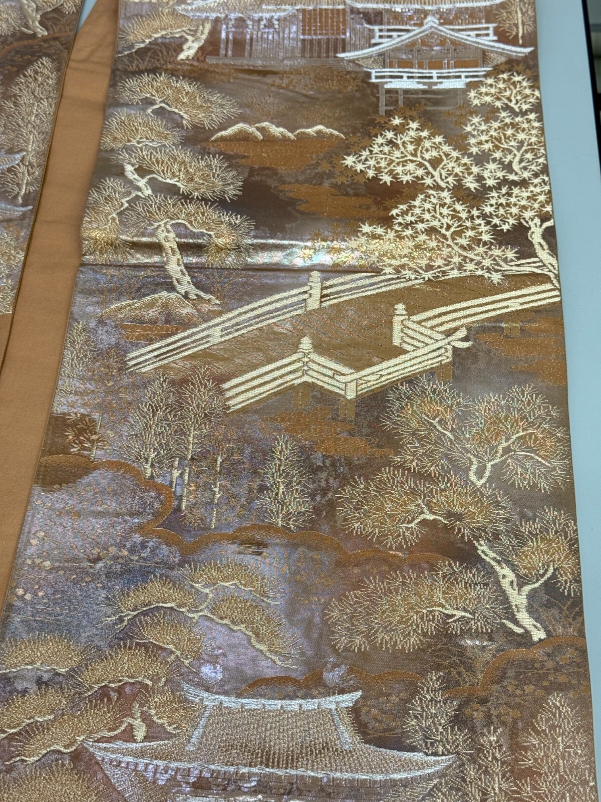 Japanese Vintage Kimono Fukuro Obi silk gold expensive embroidery 163.7×11.8in