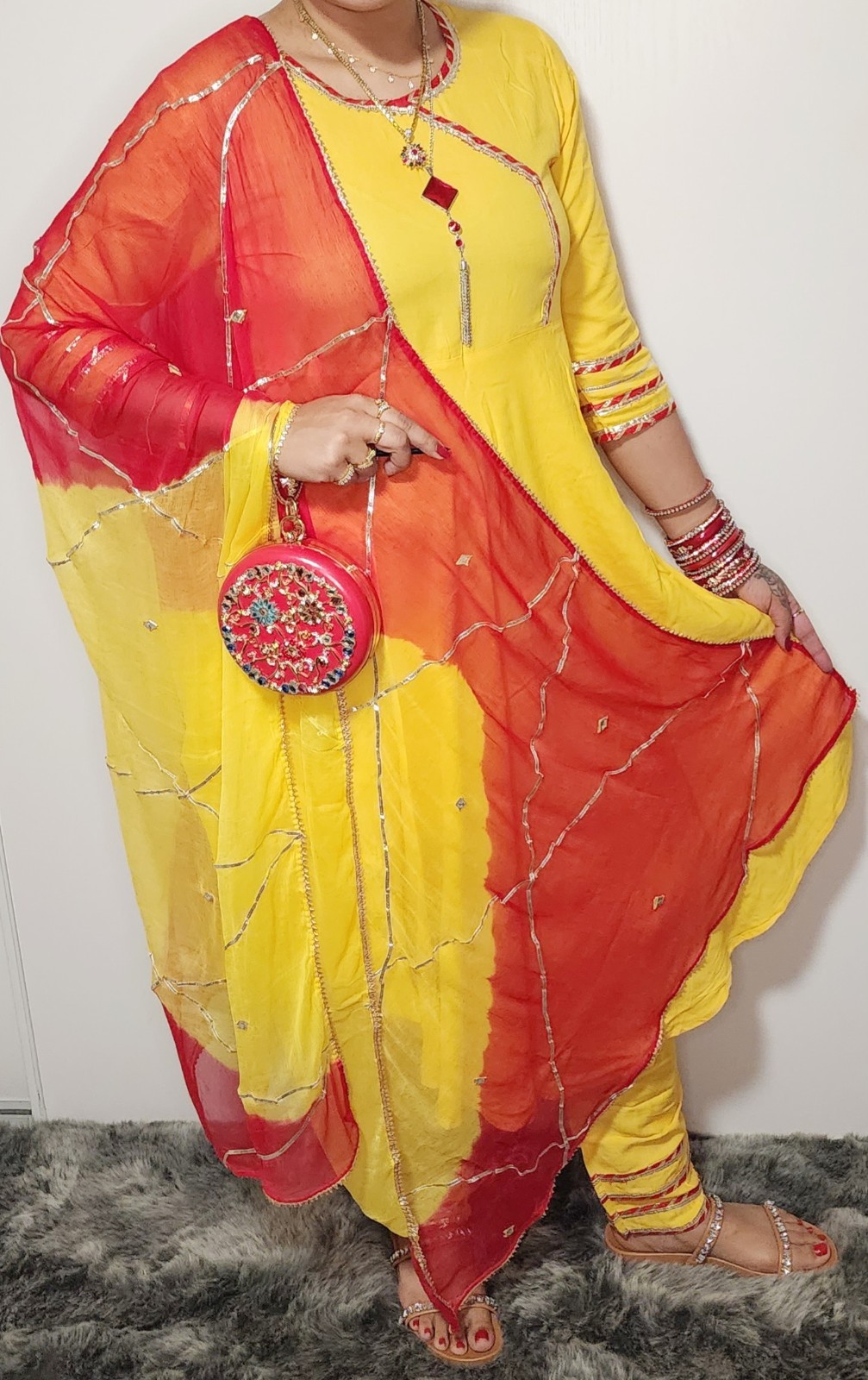 L 40 Readymade stitched Cotton bollywood Anarkali Kameez Dupatta Suit Set Yellow