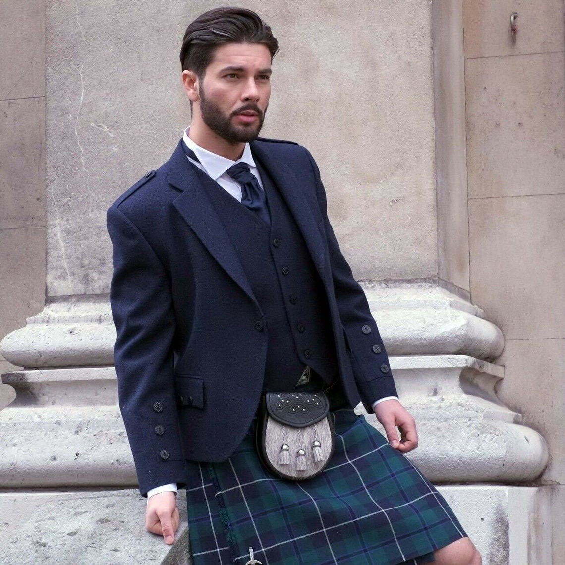 Scottish Navy Blue Argyle Style Jacket 5 Button Vest Highland wedding jacket