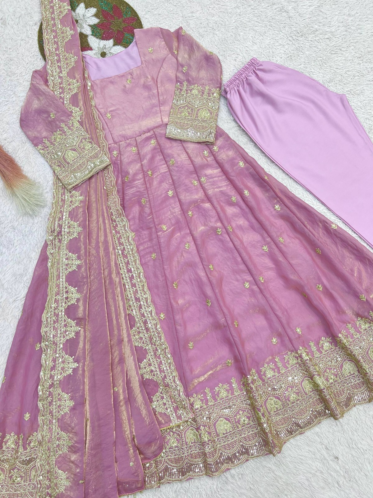 New Designer Pink Satin Silk Salwar Kameez With Dupatta For Party Wear