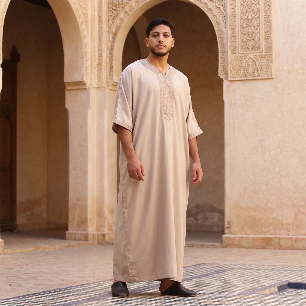 Men’s Salmon Moroccan Thobe Half Sleeve Embroidery Kaftan Eid Ramadan
