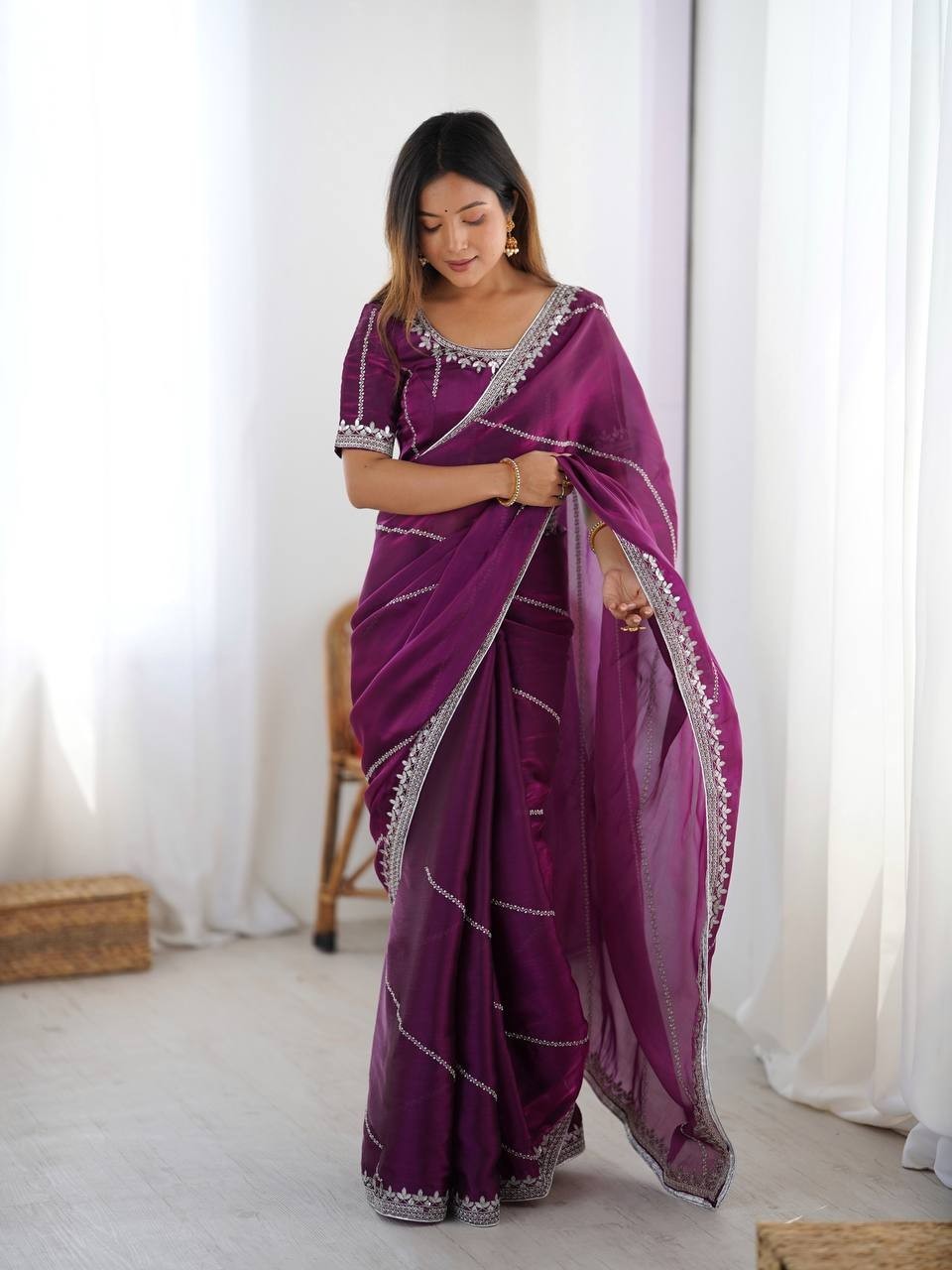 Bollywood Style Purple Heavy Silk Saree With Blouse For Women Function Wear