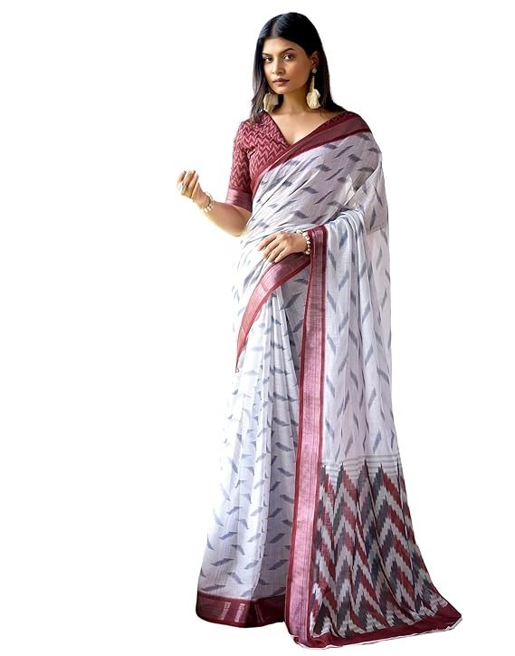 Women’s Cotton Linen Ikkat Printed Saree With Unstitched Blouse Piece
