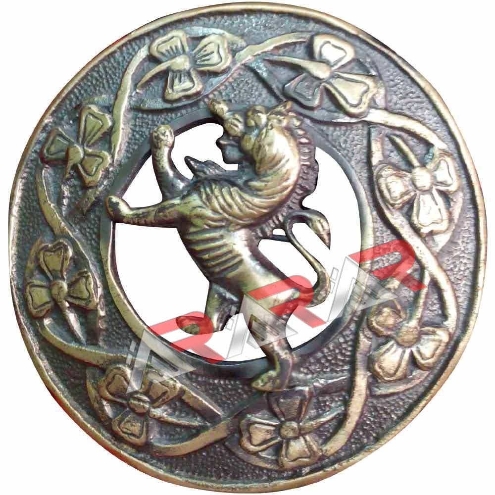 Scottish Rampant Lion Kilt Brooch Fly Plaid Antique Finish 3″ (7cm) diameter