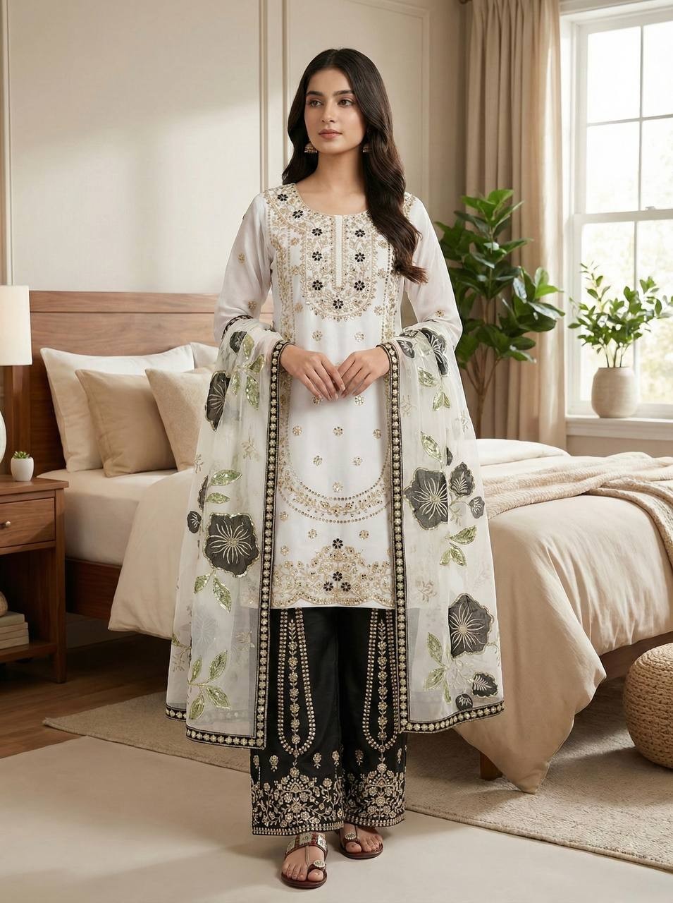 Wedding Wear Pure Silk White Top Palazzo With Dupatta For Women & Girls
