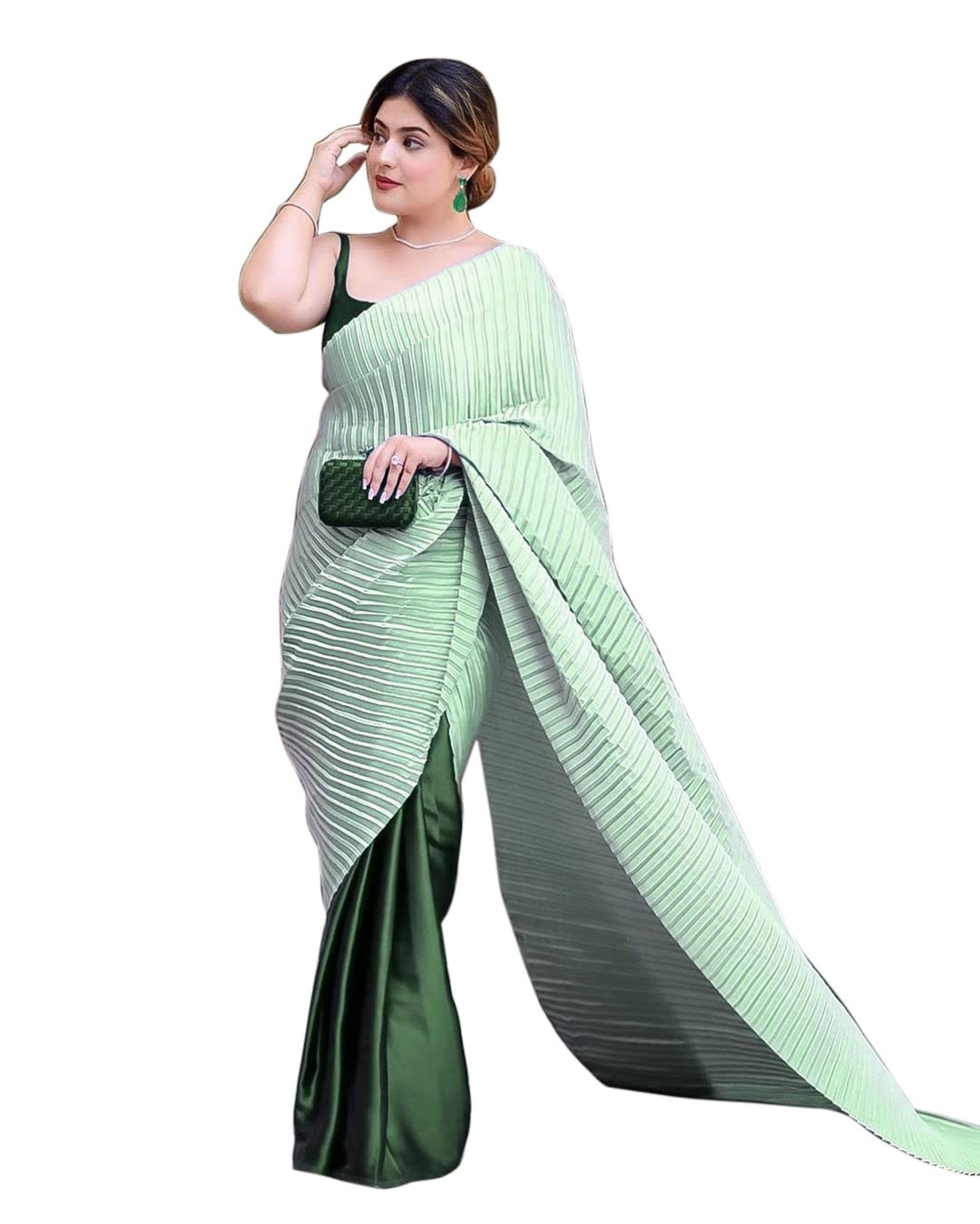 Women’s Pleated/Crushed Plain Chinon Saree With Unstitched Blouse Piece