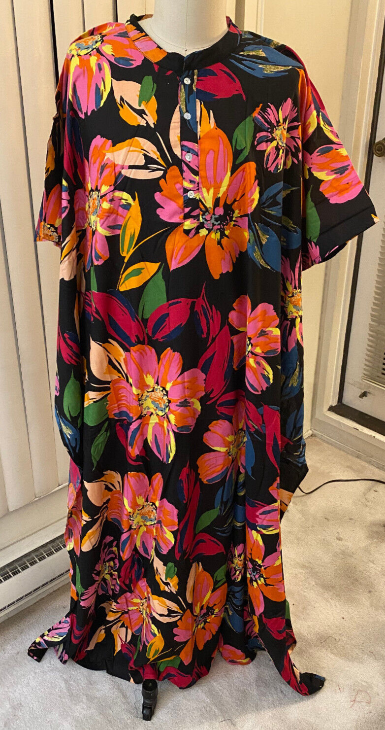 Kaftan Black Flowers Women’s Men’s Unisex New Cotton Light Weight Hawaii Tropics