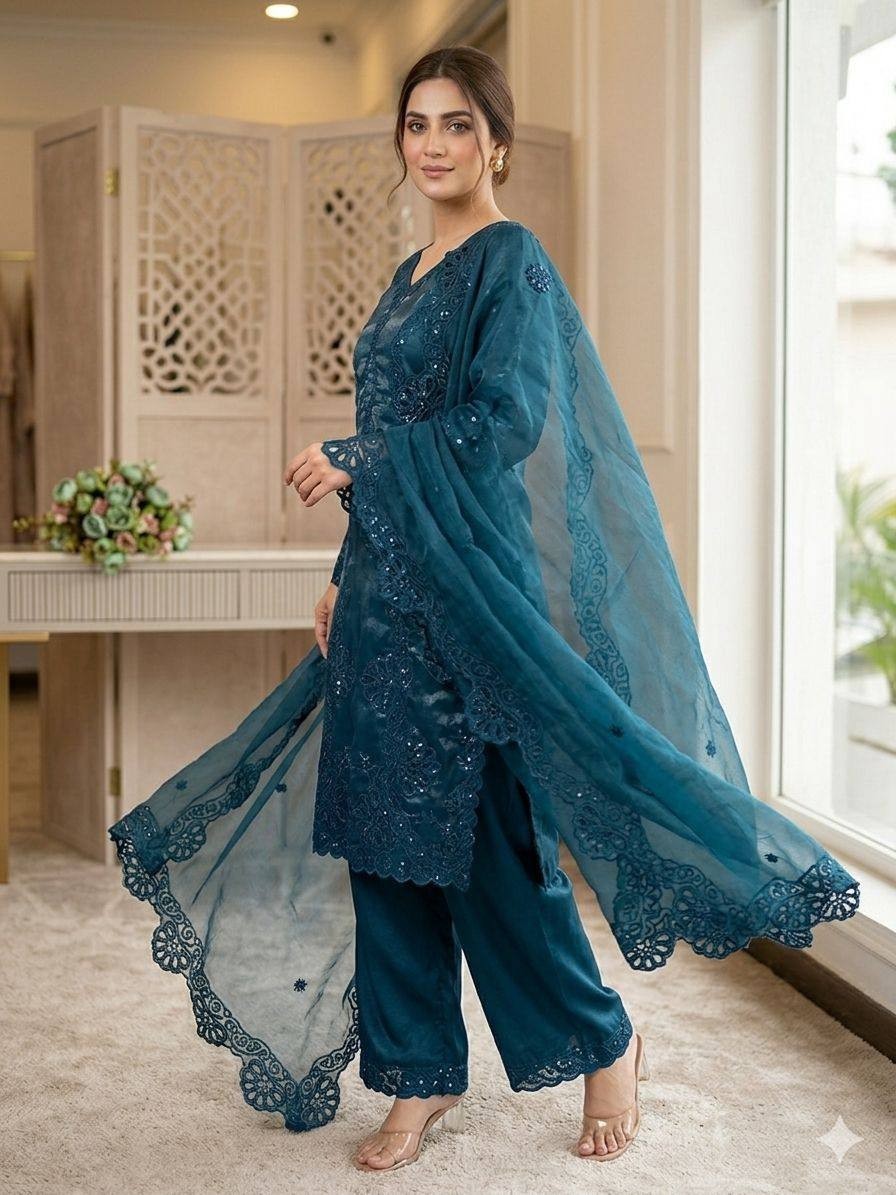 Indian Designer Glass Roman Rama Kurta Pant Dupatta Set Women Wedding Party Wear