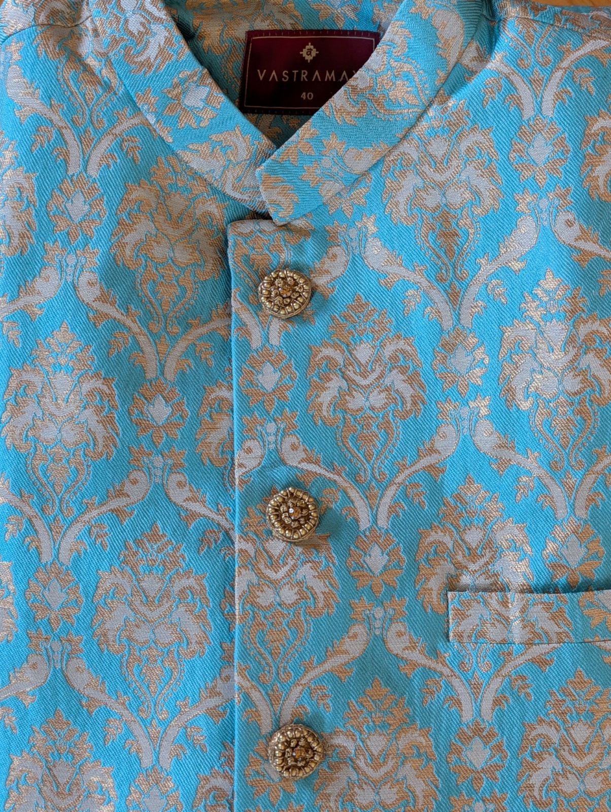 Sherwani Indo Western Set Aqua Gold Mandarin Neck Party Wedding Wear 42 “x 21”