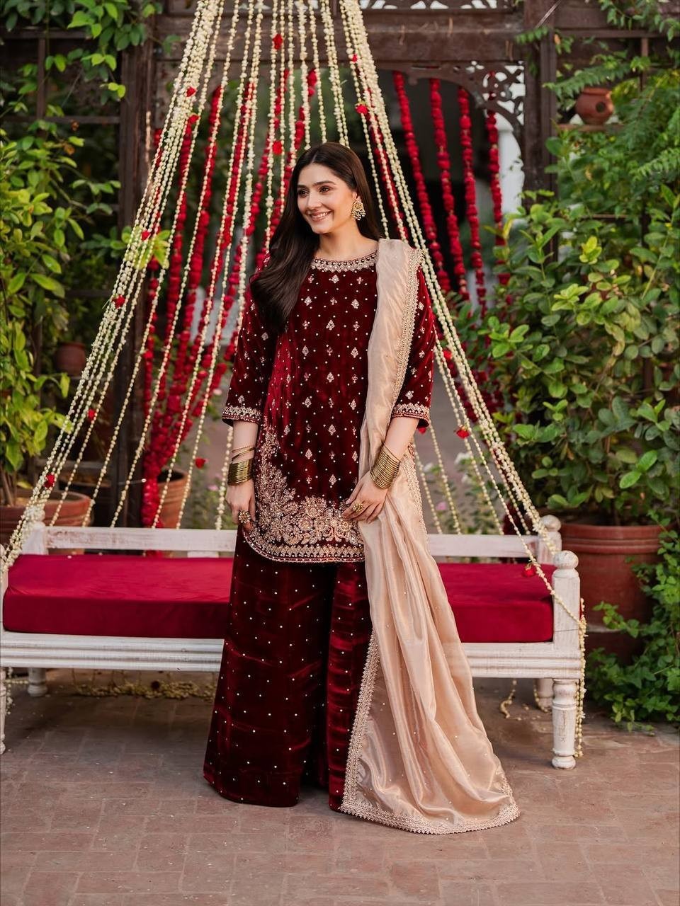 New Heavy Viscose Velvet Maroon Top Palazzo With Dupatta For Functional Wear