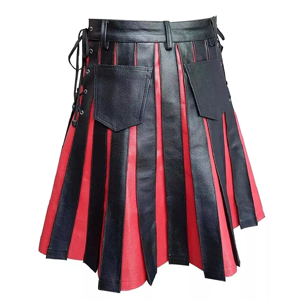 REAL LEATHER SCOTTISH HALLOWEN STYLE SEXY LARP HEAVY DUTY RED WTIH BLACK KILT
