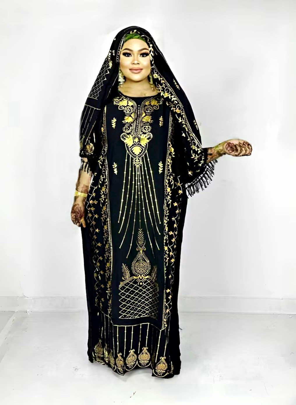 Women’s Black & Gold Embroidered Kaftan Robe Polyester Woven One Size