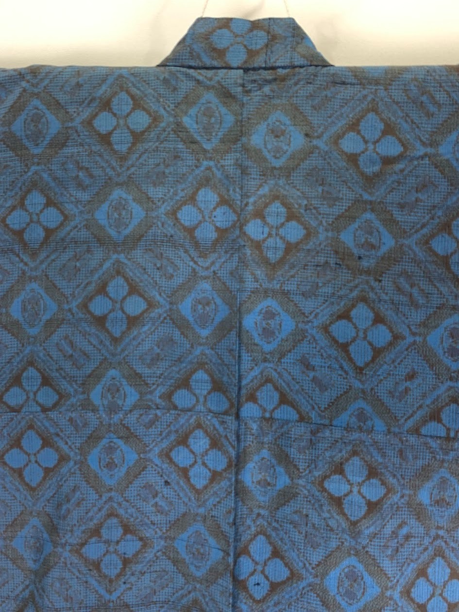 Unused Silk Tsumugi Kimono Floral Geometric Blue Black Japanese Robe Duster Coat