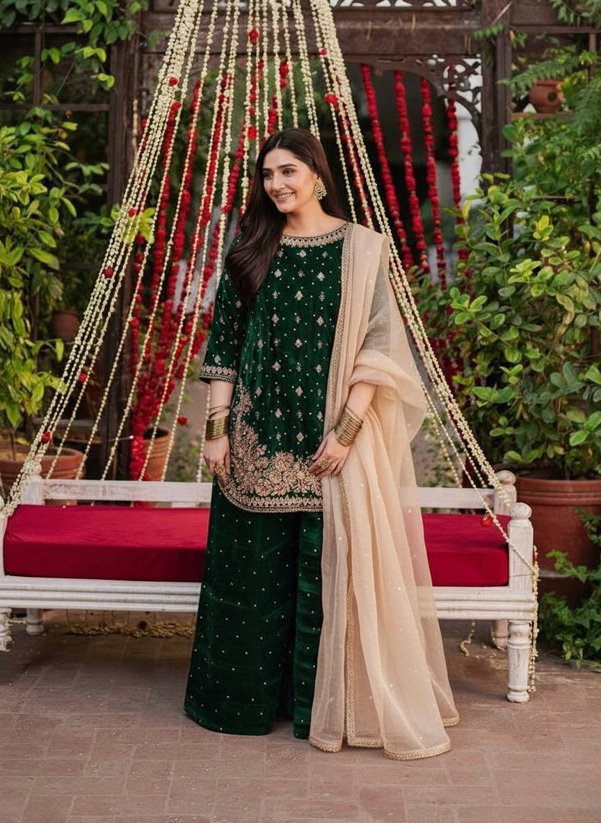 Festive Collection Green Viscose Velvet Kurta Palazzo With Dupatta For Women